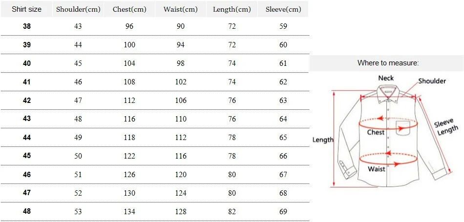 Mens dress shirt sizing chart